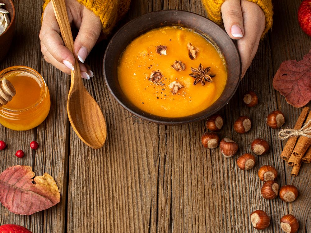 cabana den geli vista superior otono alimentos copia espacio madera